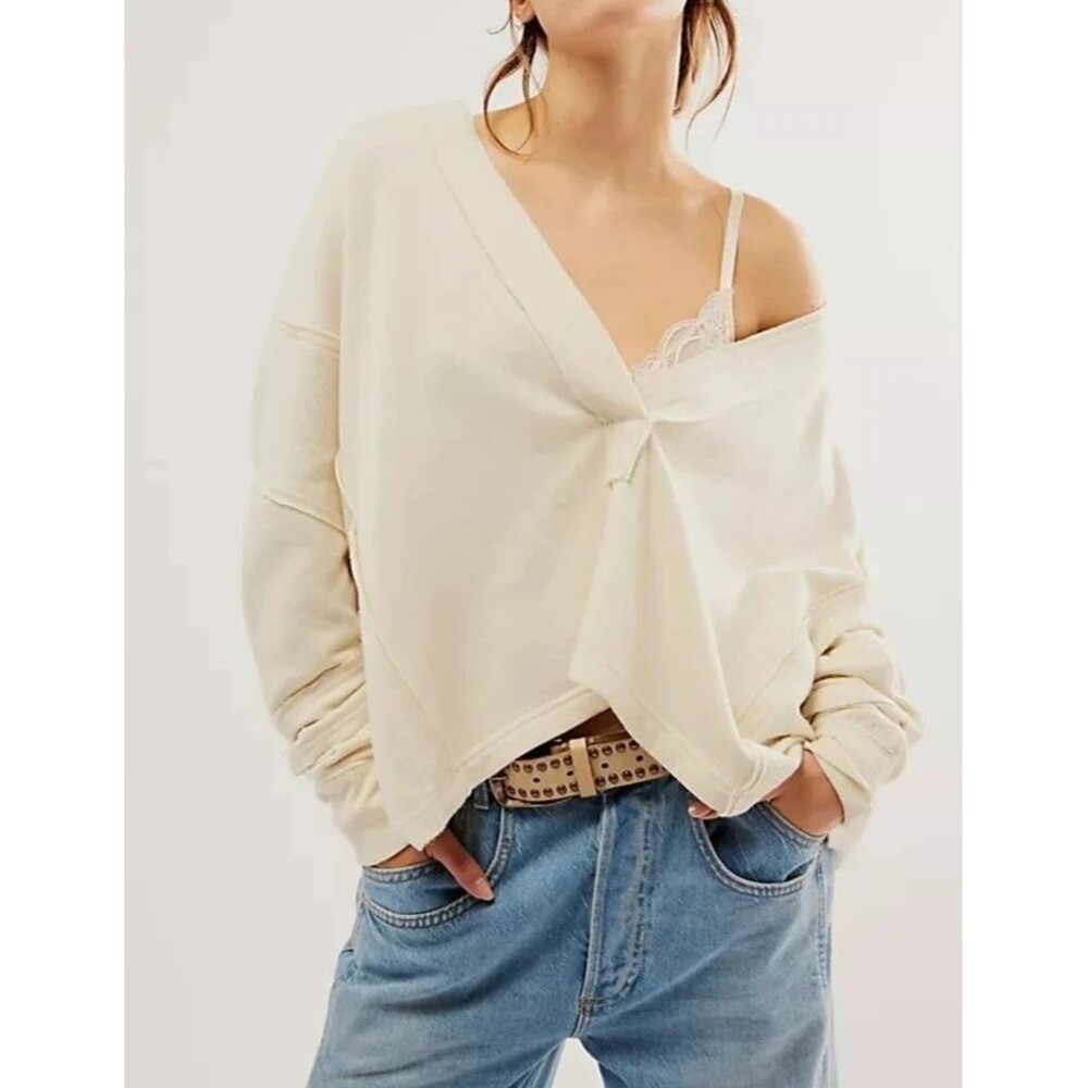 Free People Darcy Sweatshirt Top Oversized Slouchy V-Neck Pullover XL 290080